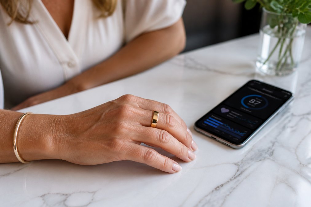 Close-up of a woman's hand wearing a sleek gold smart ring, a smartphone resting nearby on a white marble surface displaying a health app with sleep score, heart rate variability, and readiness metrics in a clean modern interface