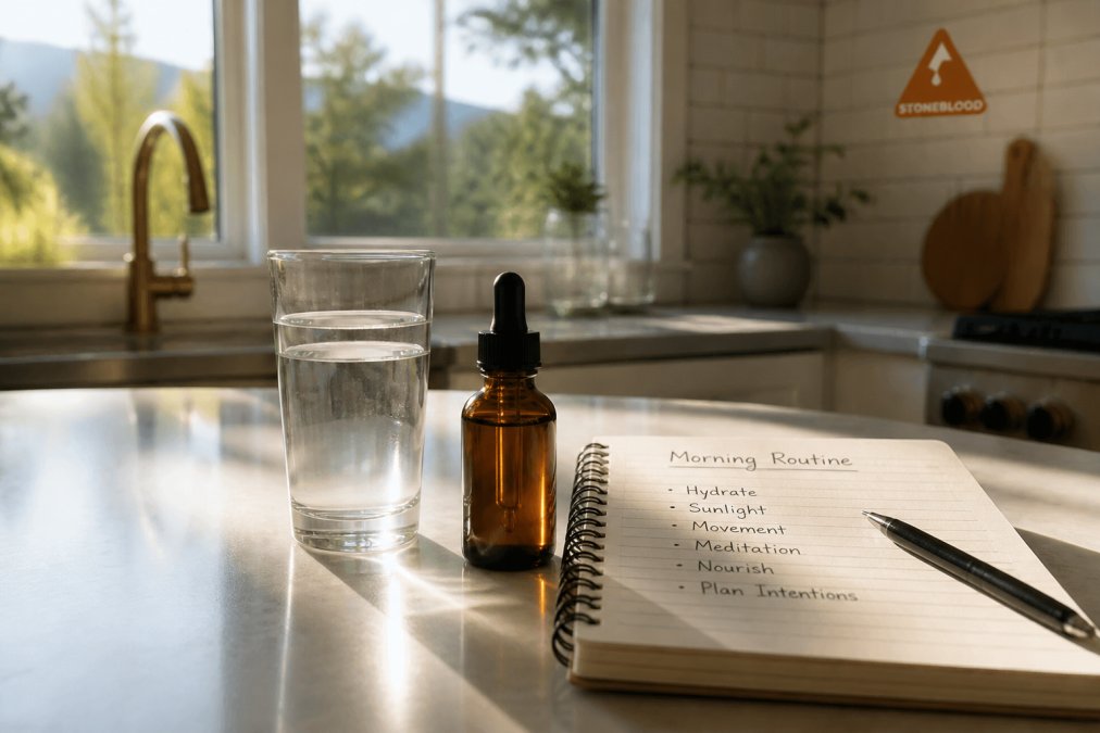 Infographic showing a daily morning routine checklist alongside a glass of water and natural liquid supplement.