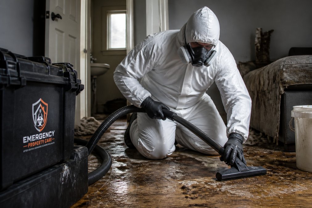 Professional biohazard technician in full protective equipment including hazmat suit, respirator, and double gloves performing decontamination work in a contaminated residential space with industrial cleaning equipment