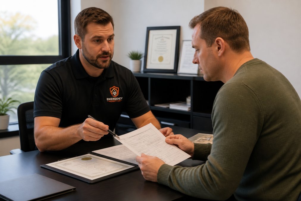 Landlord reviewing credentials and insurance documentation with a professional biohazard cleaning service representative during a consultation meeting in a modern office setting, with documents and certificates visible on the table