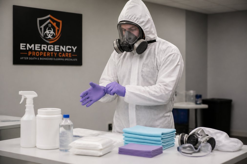Professional biohazard technician in full personal protective equipment including respirator, gloves, and protective suit, demonstrating proper decontamination technique in a controlled training environment with clinical lighting