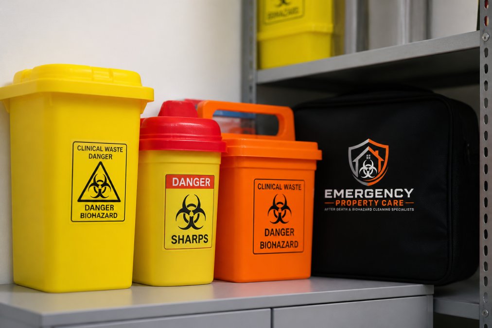 Close-up of properly labelled clinical waste containers and sharps bins in a secure storage area, showing correct colour-coding and hazard symbols for biohazard materials