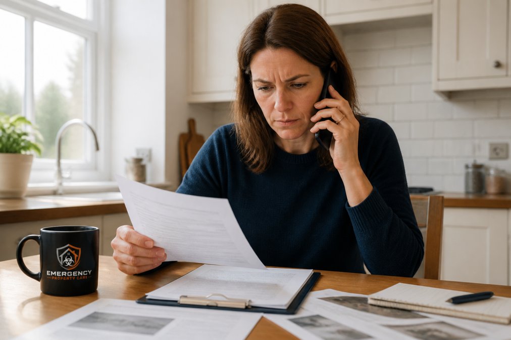 Homeowner sitting at kitchen table with incident documentation, clipboard, and mobile phone, appearing concerned but focused on taking action, natural morning light from window