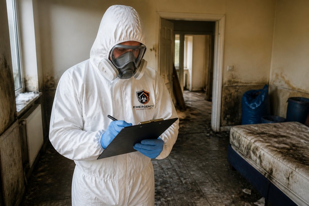 Trained biohazard remediation technician in full protective equipment (white suit, respirator, gloves) conducting property assessment with clipboard and documentation visible, professional lighting in contaminated area
