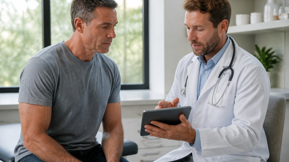 Physician discussing bioidentical hormone replacement therapy for men with a patient reviewing lab results