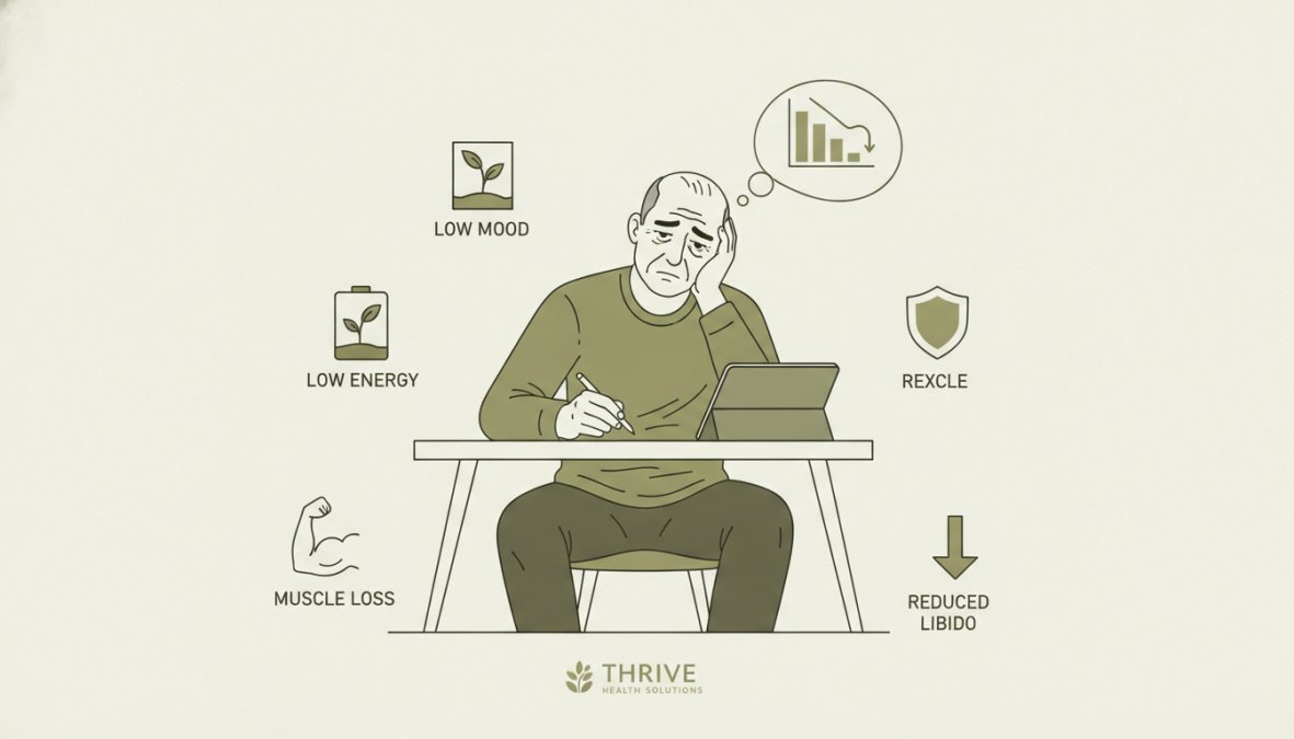 Middle-aged man sitting at desk with poor posture, showing signs of fatigue and low energy, natural office lighting