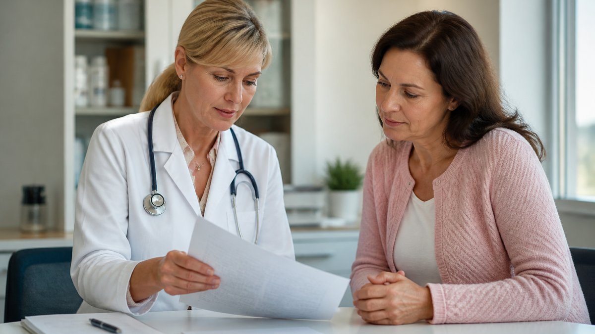 Professional female physician and middle-aged woman patient reviewing medical documents together at desk in bright clinical office, both focused on paperwork with warm professional atmosphere