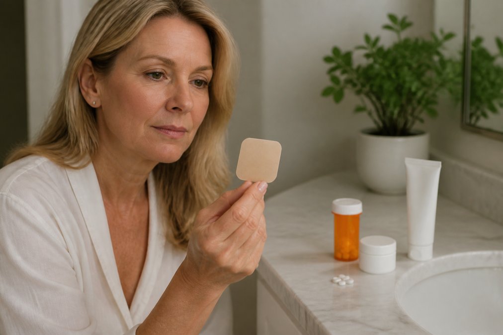 Woman holding a transdermal patch for bioidentical hormone therapy with creams and pills nearby.