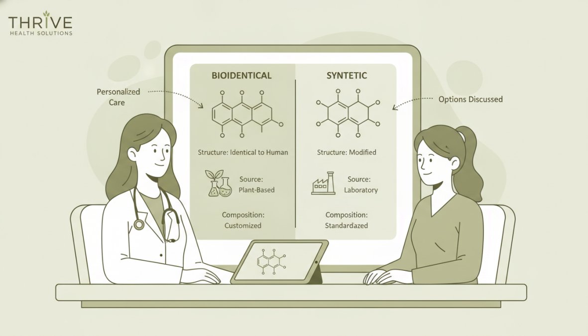 Healthcare professional reviewing hormone therapy molecular structure diagrams with patient in clinical consultation setting, showing personalized treatment discussion