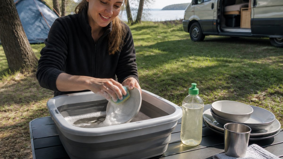 Hände waschen Campinggeschirr in einem tragbaren Spülbecken auf einem Campingplatz, mit einer Flasche umweltfreundlichem Spülmittel sichtbar, natürliches Tageslicht