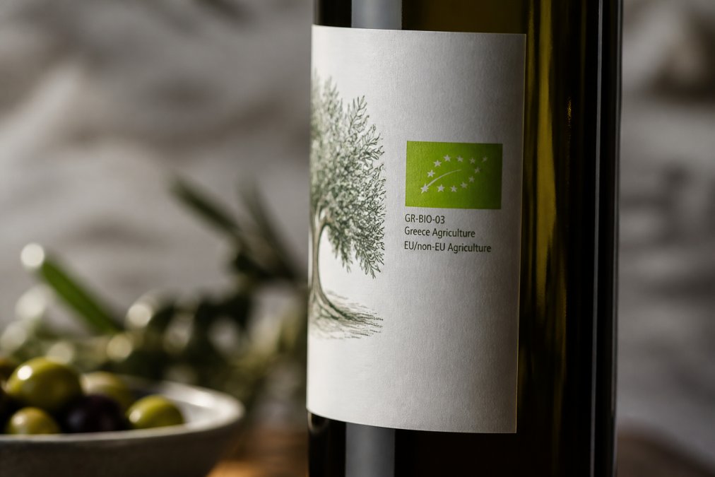 Close-up van een olijfoliefles met EU-biologisch certificeringszegel duidelijk zichtbaar op het label, professionele productfotografie met natuurlijke verlichting