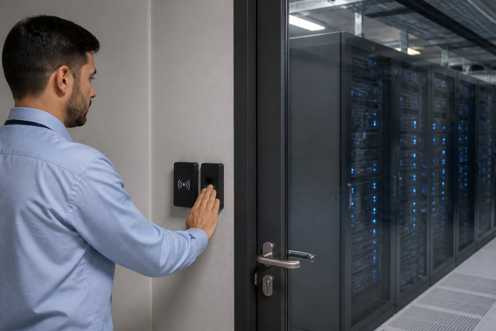 A data center technician placing a hand on a fingerprint scanner beside a badge reader at a secured server room door, with rows of server racks visible behind reinforced glass
