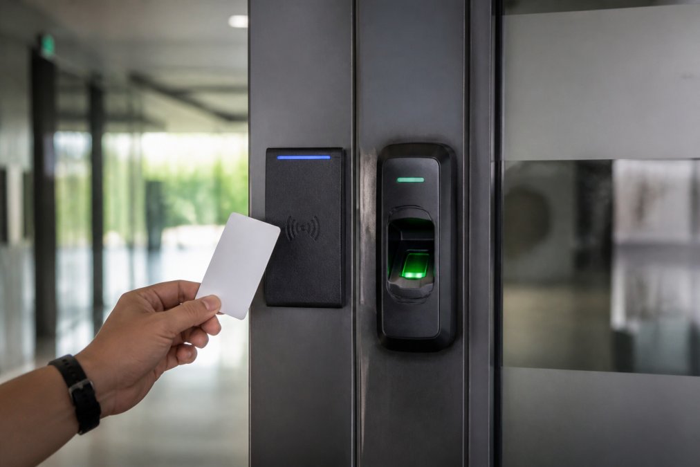 Close-up of a person's hand holding a white RFID key card near a wall-mounted reader while a fingerprint scanner sits beside it on the same door frame, modern office hallway in soft daylight