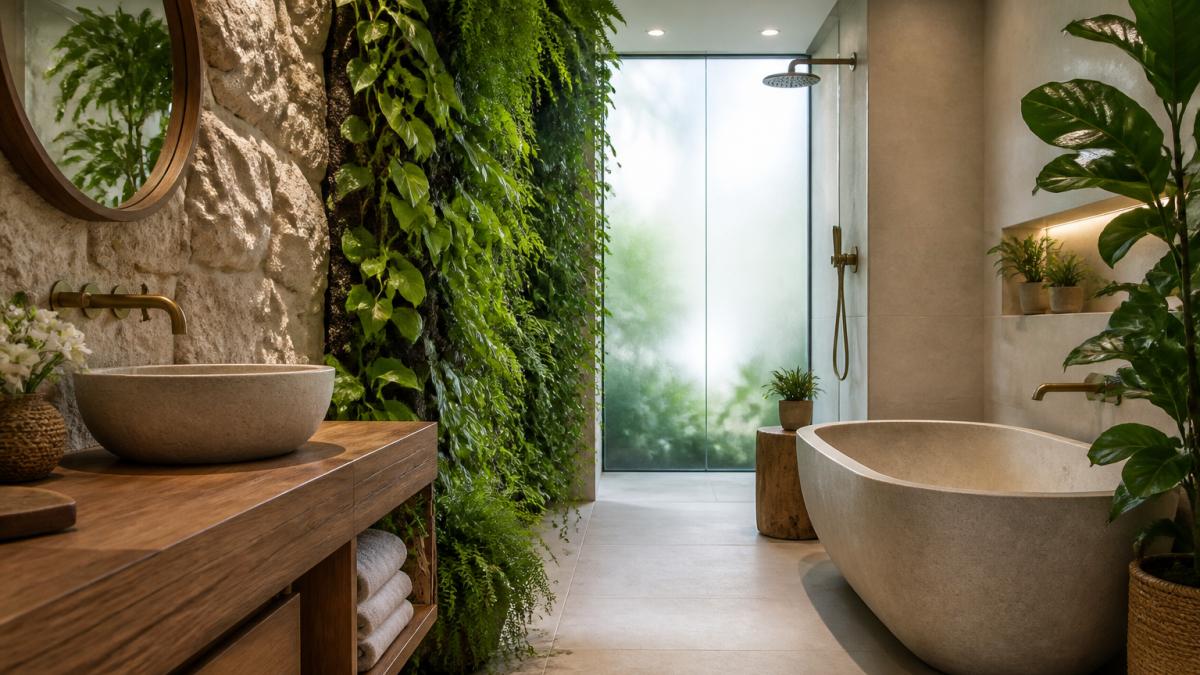 Luxurious bathroom with a living wall, stone accents, and wood vanity for a relaxing biophilic bathroom design.