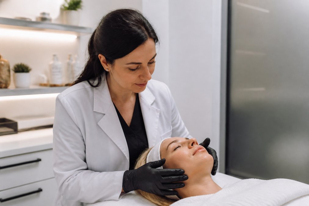 Close-up of a licensed esthetician in a white coat reviewing a client's skin under soft clinical lighting in a calm, modern treatment room