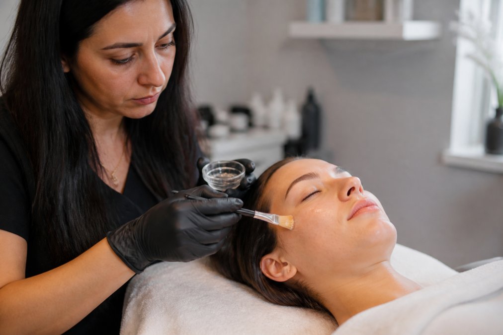 Close-up of a licensed esthetician applying a clear serum-like peel solution to a client's clean, relaxed face in a softly lit treatment room, both looking calm and focused