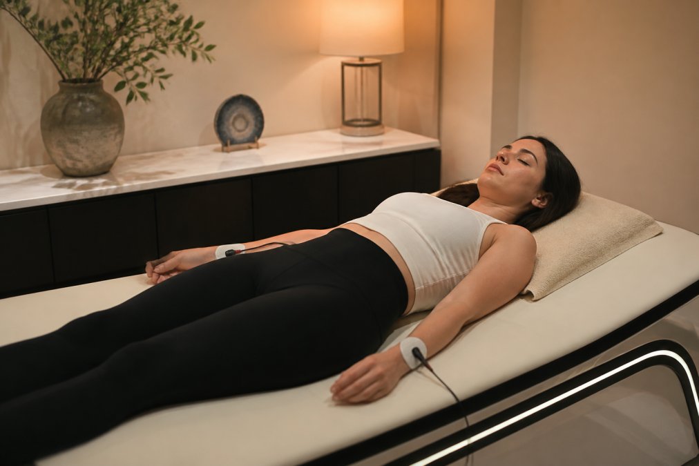 A person lying comfortably on a modern wellness bed with electrode sensors attached to their wrists, soft ambient lighting in a clean, minimalist home wellness room