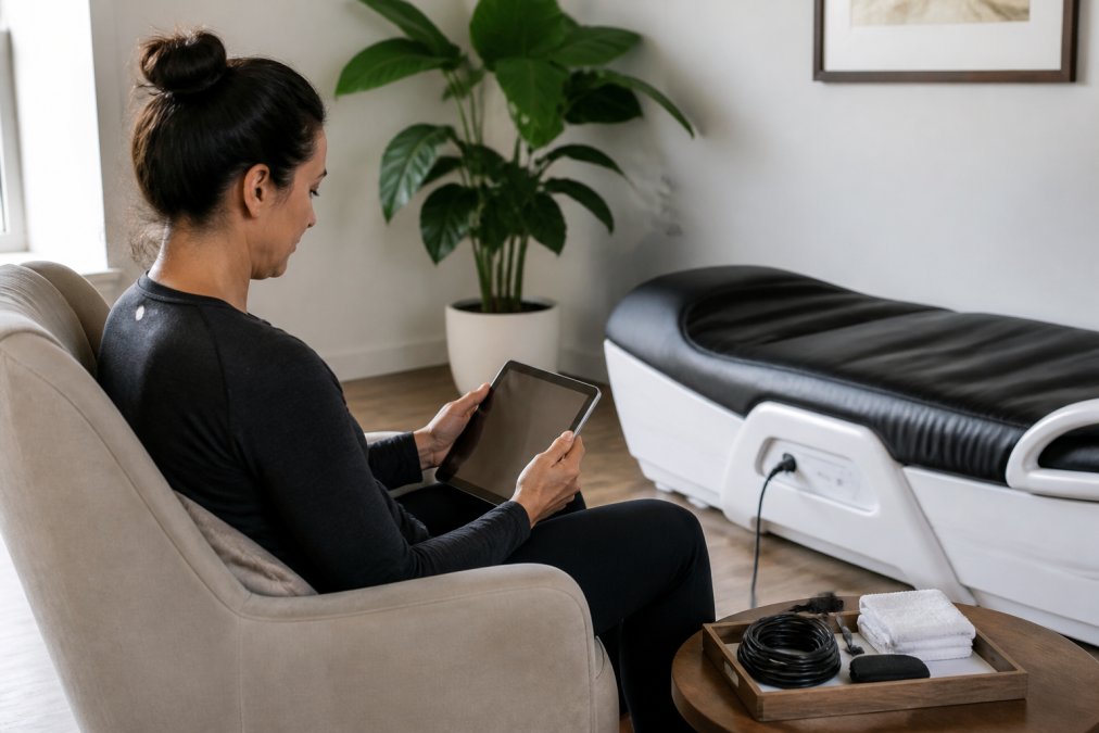 A health-conscious adult reviewing a tablet displaying wellness data while seated near a home bioresonance or PEMF device in a tidy, well-lit living space