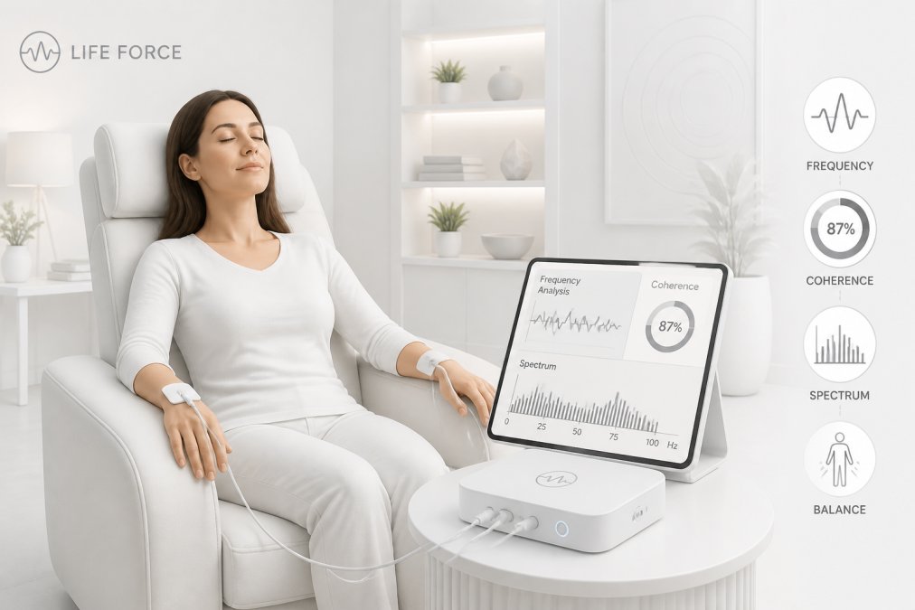 Person relaxing in comfortable chair at home with bioresonance device electrodes attached to wrists, tablet displaying frequency analysis on nearby table, soft ambient lighting in modern living room