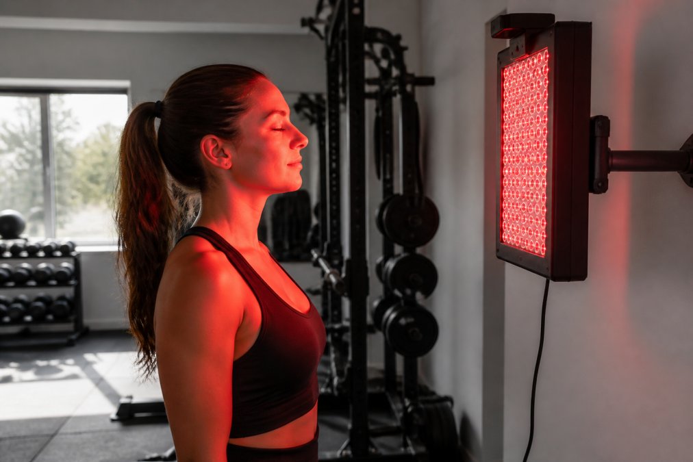 Woman using red light therapy panel in home gym setting, device mounted at shoulder height, warm red light illuminating her face and upper body, minimalist modern fitness space