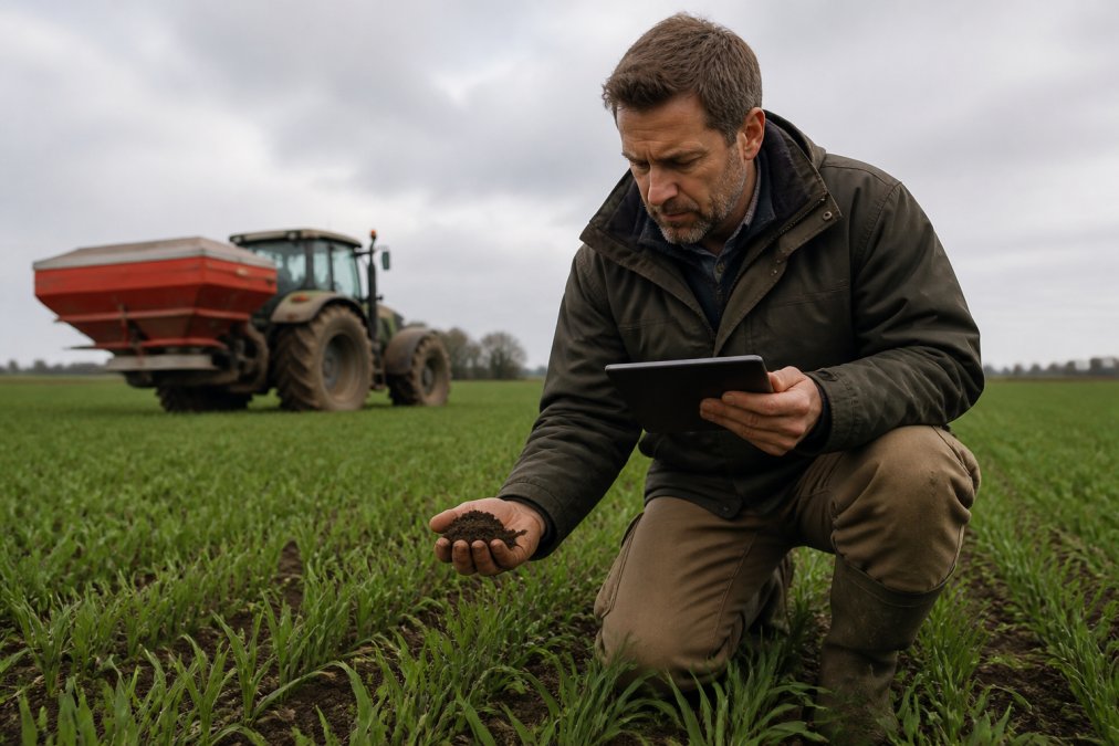 A farmer in a field of young winter wheat, holding a handful of soil while reviewing a tablet showing crop data, with a fertiliser spreader parked in the background under overcast East Anglian light