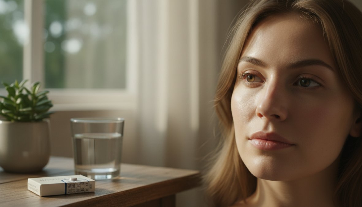 Close-up of a young woman examining her jaw and chin area in a bathroom mirror, with soft natural lighting highlighting clear, smooth skin
