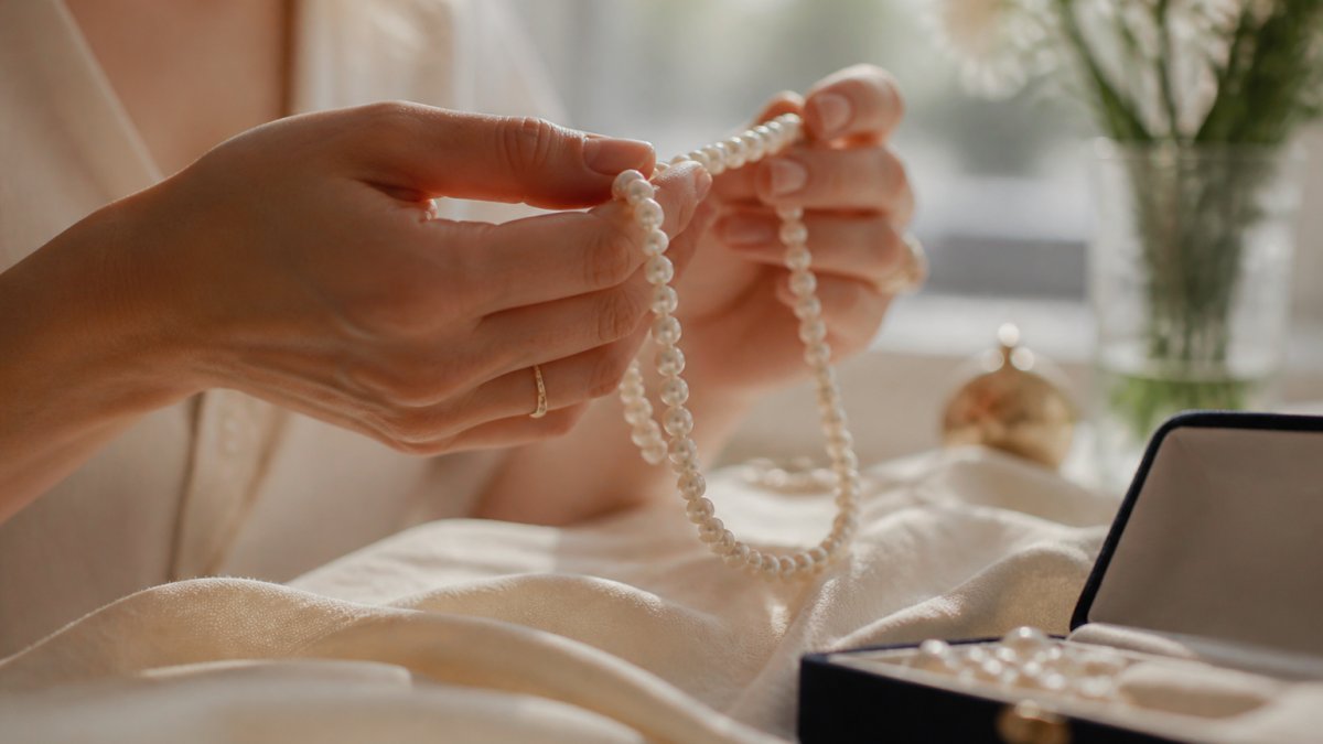 Close-up of elegant pearl necklace displayed on soft cream fabric with warm natural lighting highlighting its lustrous surface and subtle iridescence