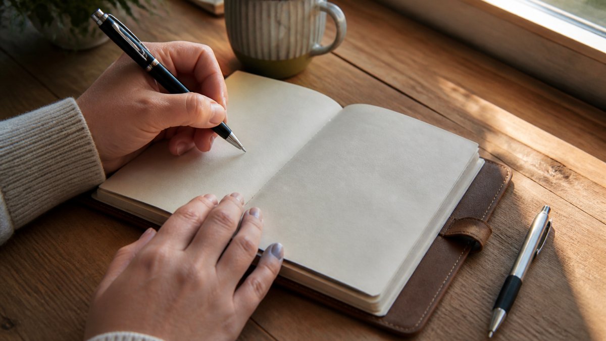 Close-up of hands writing a handwritten note on the first page of a vegan leather journal, with a pen resting beside it and soft warm window light on a wooden table
