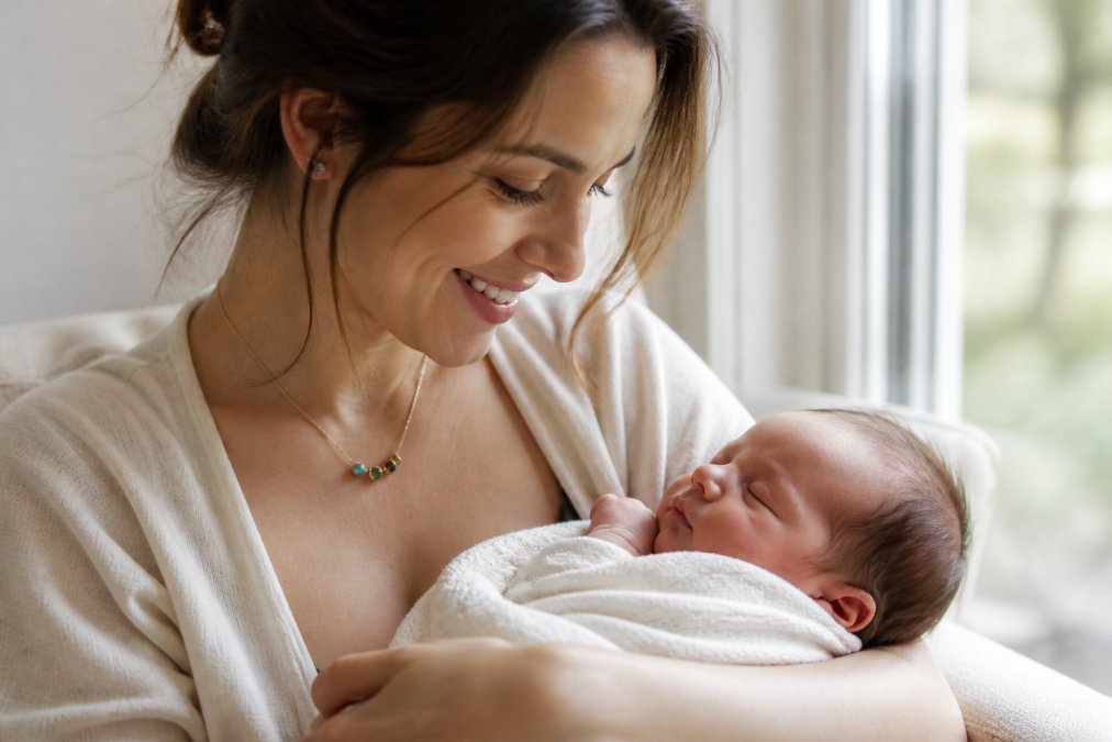 A new mother wearing a delicate multi-stone personalized birthstone necklace while holding her infant child, soft natural daylight streaming through a window, warm and intimate moment capturing motherhood and sentimental connection