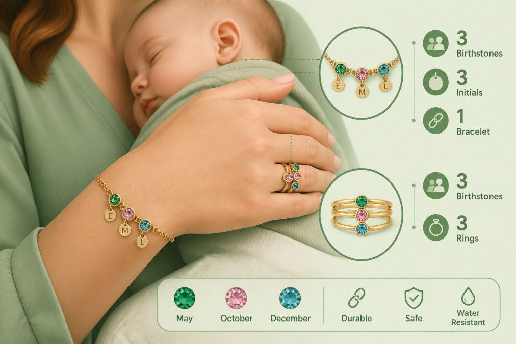 Close-up of a woman's wrist and hand showing a personalized birthstone bracelet and delicate stacked birthstone rings while she cradles a sleeping infant, soft focus background with warm natural lighting
