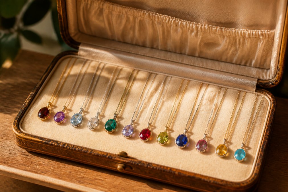 Close-up of an open vintage jewelry box displaying a curated collection of birthstone necklaces arranged by month, with warm natural sunlight highlighting the different colored gemstones and delicate metalwork
