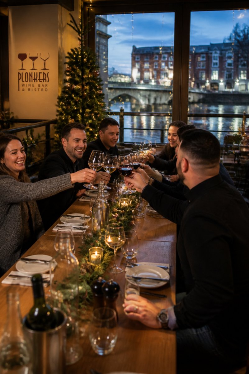 A warmly lit riverside bistro interior in York decorated for Christmas, with a long table set for a work party and guests raising glasses in celebration