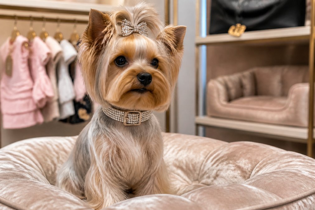 Small dog wearing a rhinestone collar and bow on a luxury dog boutique cushion for our comparison.