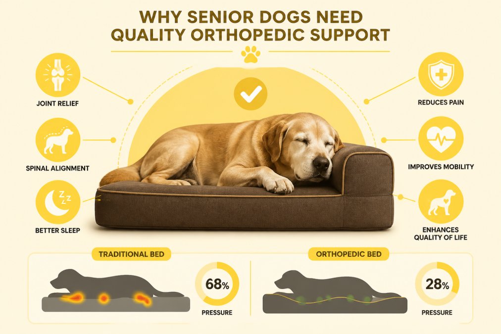 Senior dog with grey muzzle resting comfortably on an orthopedic bed, showing visible relief and contentment in natural home lighting