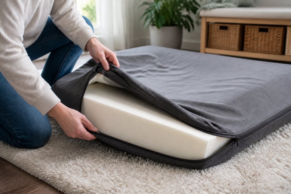 Close-up of hands removing a washable bed cover from an orthopedic dog bed, demonstrating easy maintenance routine with natural lighting