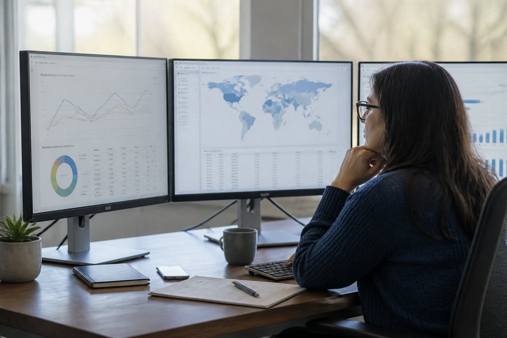 Marketing professional at desk reviewing campaign analytics on multiple monitors, dashboard displays showing click data, geographic heatmaps, and device breakdowns with natural office lighting