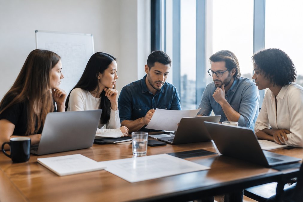 Team of marketers collaborating at conference table with laptops, reviewing performance reports on screens, discussing campaign dashboards with click maps and conversion funnels, bright natural lighting from windows