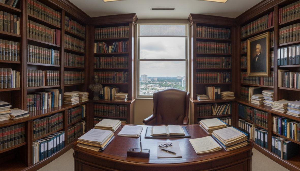 Professional construction law attorney in business suit standing in modern law office with legal volumes and construction project photographs on shelves, natural lighting from office windows