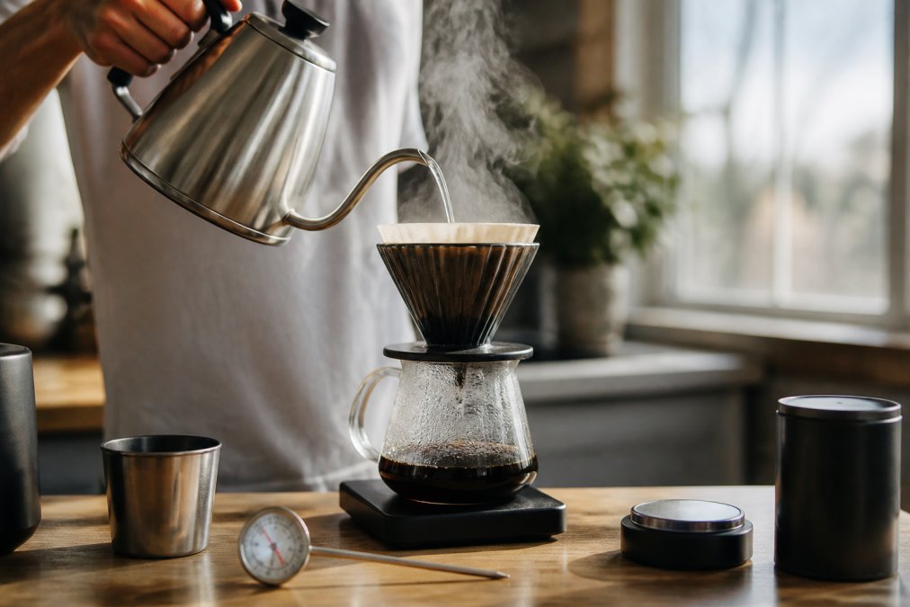 A kettle pouring hot water over a pour-over cone in a bright kitchen, steam rising, with a thermometer visible nearby