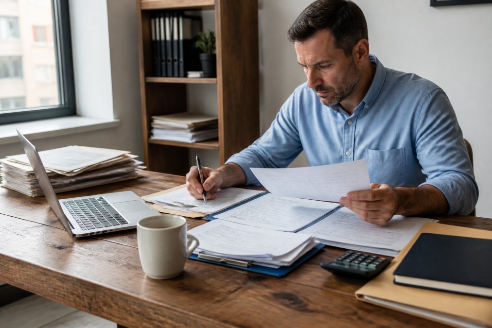 Real estate investor reviewing property documents, LLC formation paperwork, and financial records at a wooden desk with a laptop, organized files, and a cup of coffee in natural office lighting