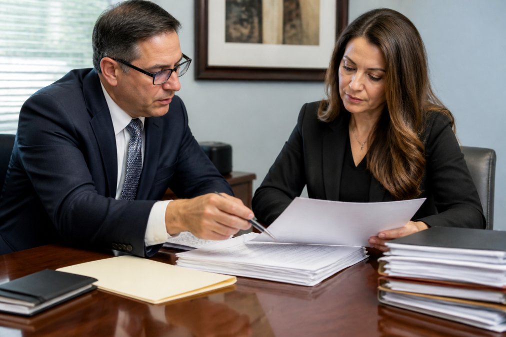 Business professional and financial advisor reviewing asset protection strategy documents and investment portfolio analysis at a modern office desk with charts, LLC formation papers, and a laptop