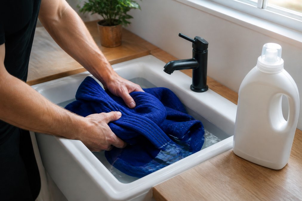 Handen voorzichtig een blauwe BJJ gi onderdompelend in een wasbak met koud water, een fles mild wasmiddel naast zich op het aanrecht