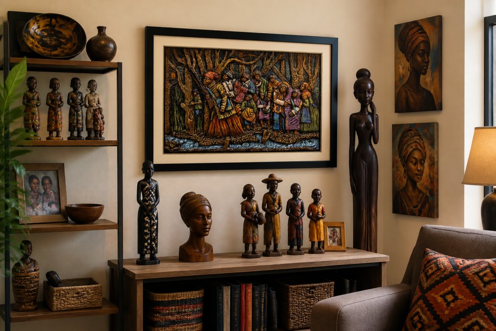 Living room corner displaying a curated collection of African American figurines and canvas art on shelves and accent wall, showing how heritage pieces work together in home styling with warm lighting