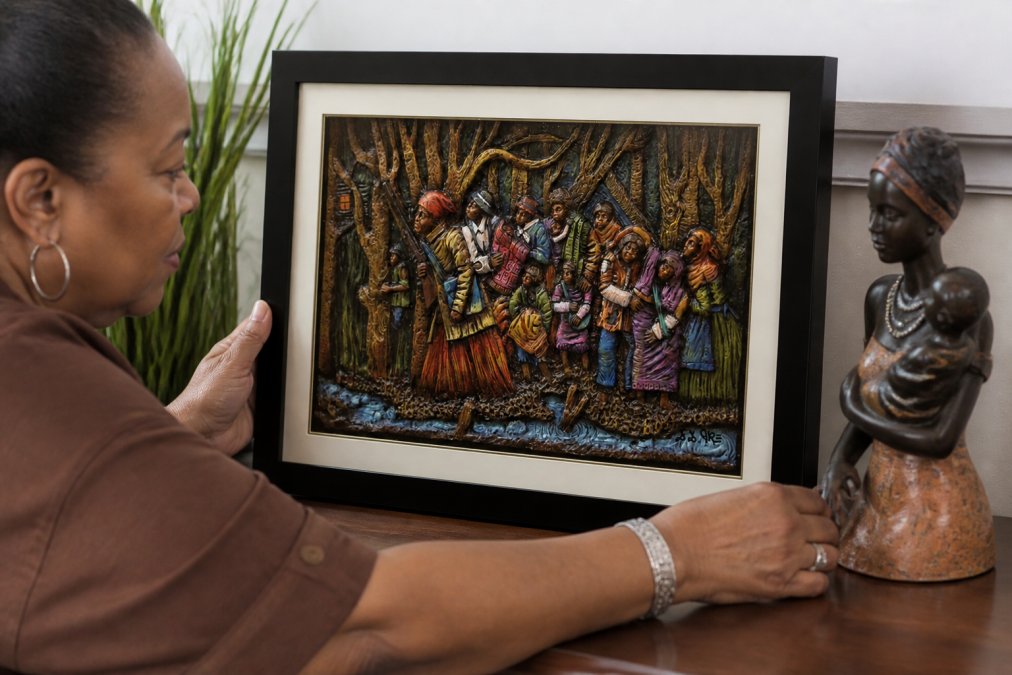 Person carefully examining a framed heritage art piece and decorative figurine up close, demonstrating the intricate craftsmanship and hand-painted details of quality African American art