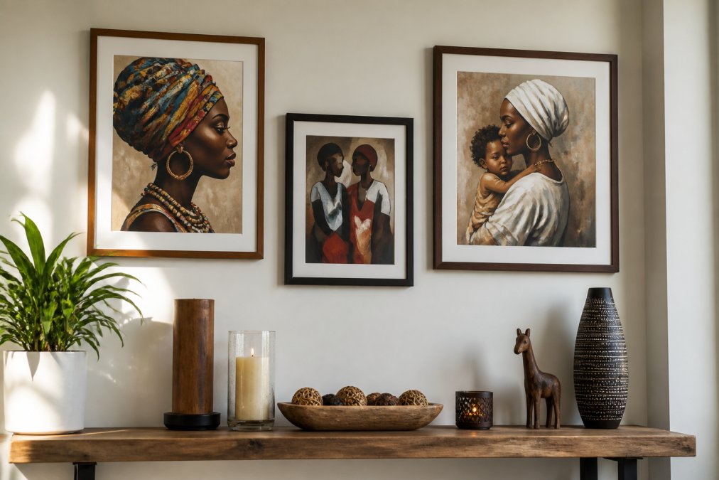 A bright living room wall displaying framed African American art prints above a shelf with decorative candles and small sculptures