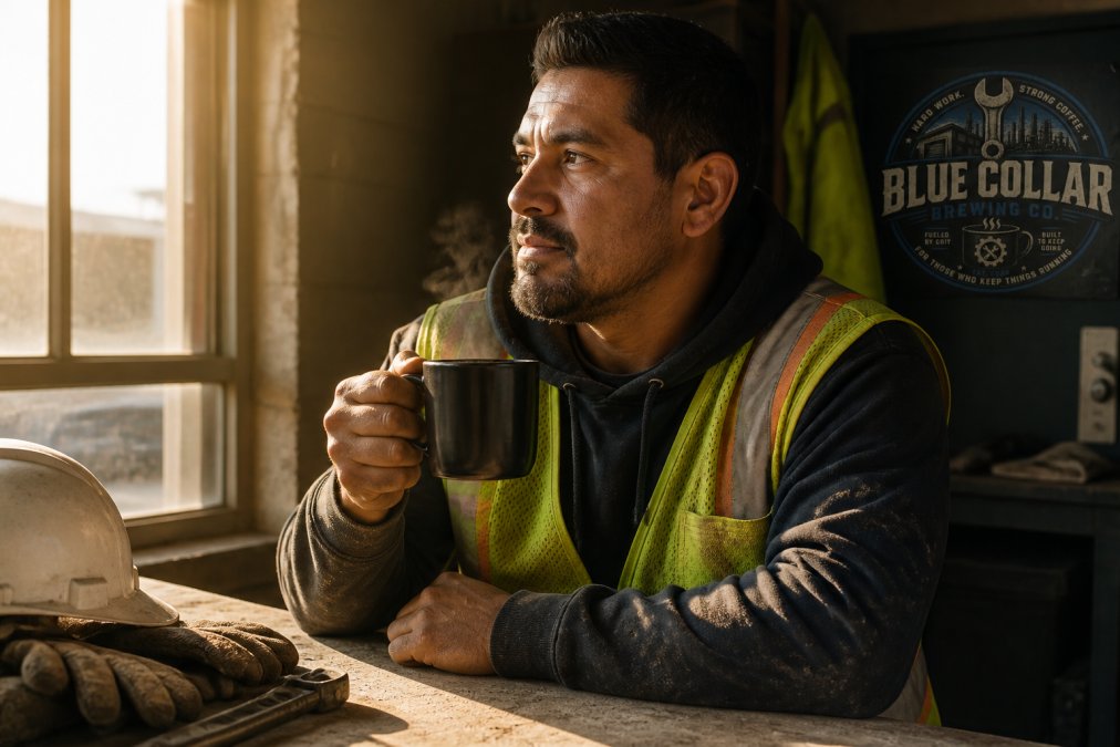 Construction worker in safety vest holding a steaming cup of black coffee during a work break, morning light streaming through the window, focused expression on face