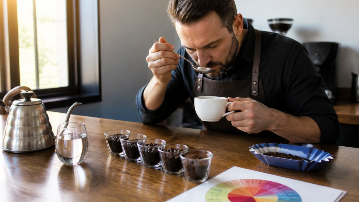Professional demonstrating black coffee tasting technique with white ceramic cup and coffee tasting wheel visible on wooden table, natural morning light streaming through window