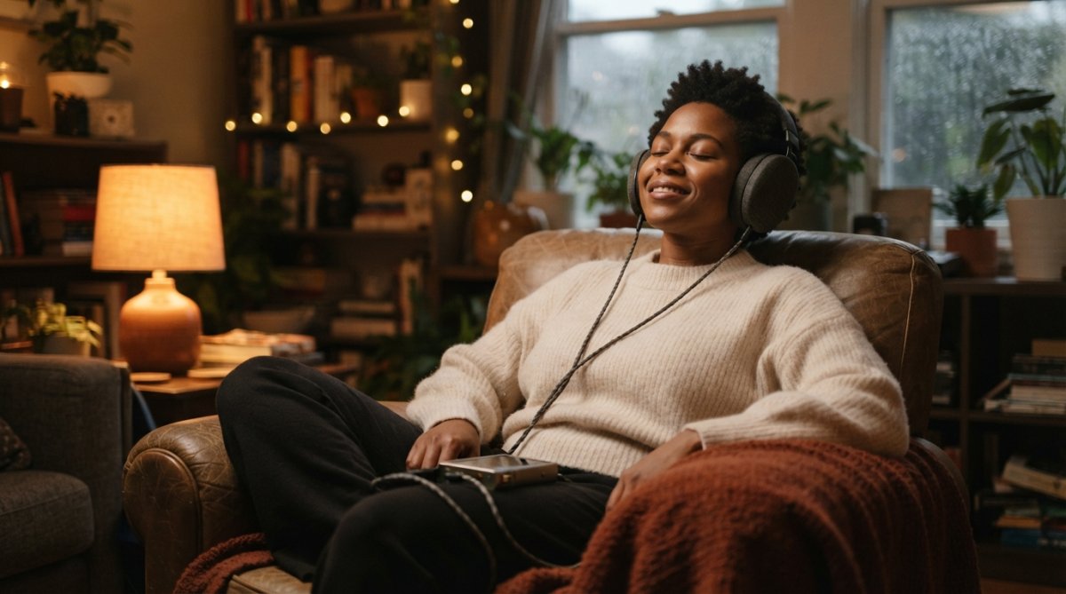Person wearing comfortable headphones in warm, intimate home setting with soft lighting, relaxed posture, enjoying private audio content