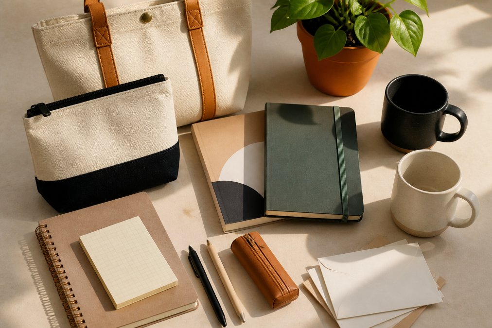 Flat lay arrangement of canvas handbags, journals, ceramic mugs, and stationery items displayed on a neutral surface with warm natural lighting, showcasing texture and design detail
