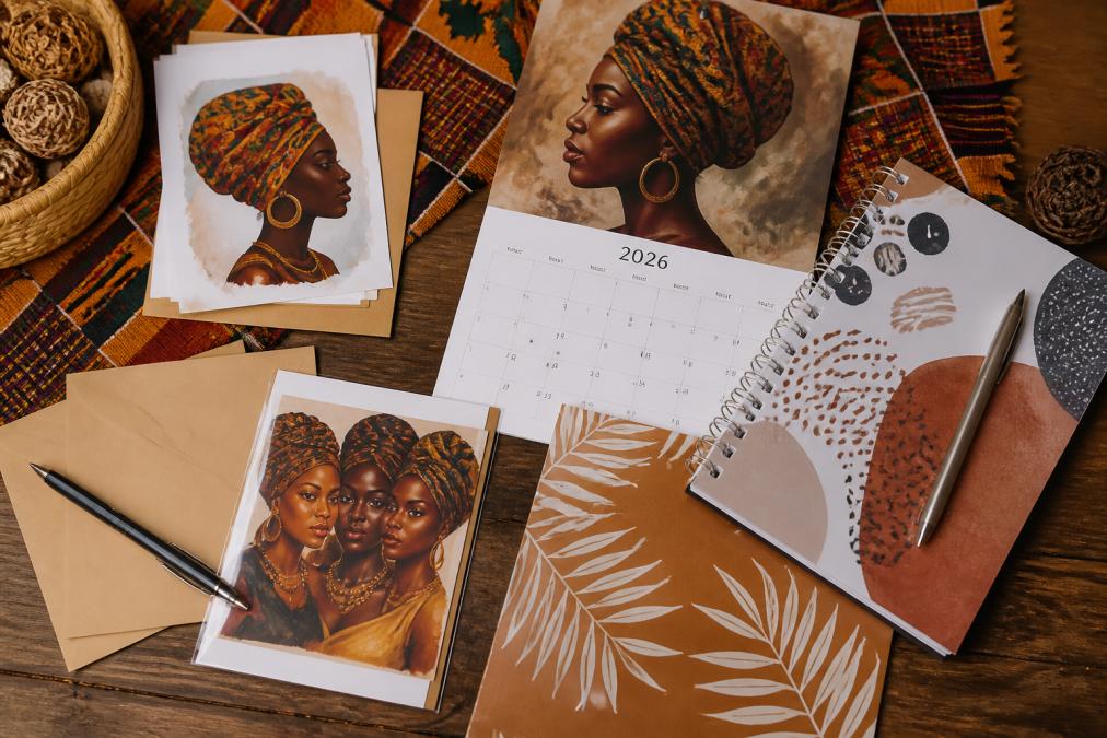 Flat lay of Black heritage gift items including premium greeting cards with Black women artwork, 2026 calendars, and stationery arranged on a wooden surface with warm natural lighting and a decorative fabric background